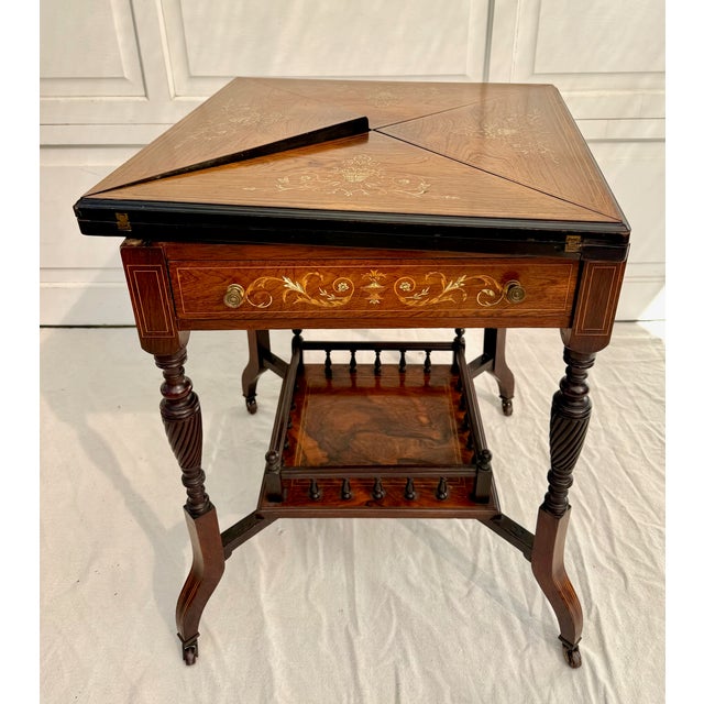 English Antique Louis XVI Marquetry Envelope Folding Game Table With Felt Top & Drawer For Sale - Image 3 of 18