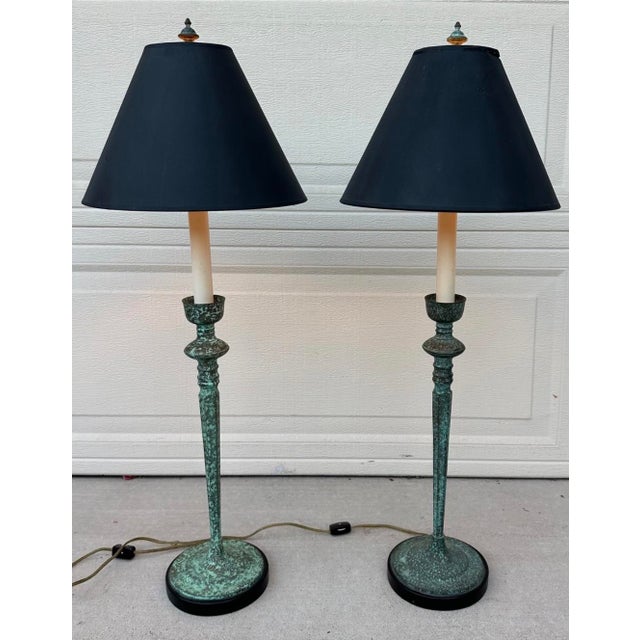 Art Deco Pair of Vintage Frederick Cooper Verdigris Candlestick Buffet Table Lamps For Sale - Image 3 of 18