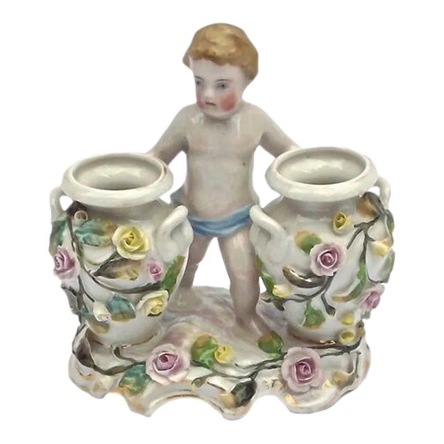 Vintage Cherub & Floral Dresden Double Vase For Sale