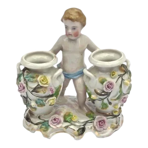 Vintage Cherub & Floral Dresden Double Vase
