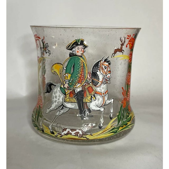 Late 19th Century transfer ware lowball or rocks glasses. Show an 18th Century horse rider on a deer hunt. He carries a...