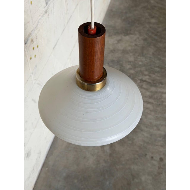 1960s Mid-Century Modern Teak and Opaline Glass Pendant Light Scandinavian Ceiling Lamp For Sale In Los Angeles - Image 6 of 9