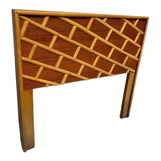 1950s Restored Mid-Century Geometric Brick Pattern Rattan & Mahogany Twin Size Headboard For Sale