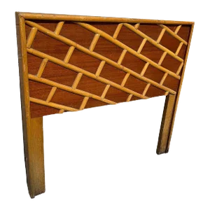 1950s Restored Mid-Century Geometric Brick Pattern Rattan & Mahogany Twin Size Headboard