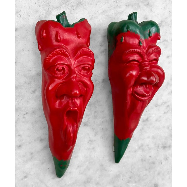 1990s Vintage Oddity Red Chili Pepper Face Chalkware Wall Hanging Sculptures - a Pair For Sale - Image 5 of 11