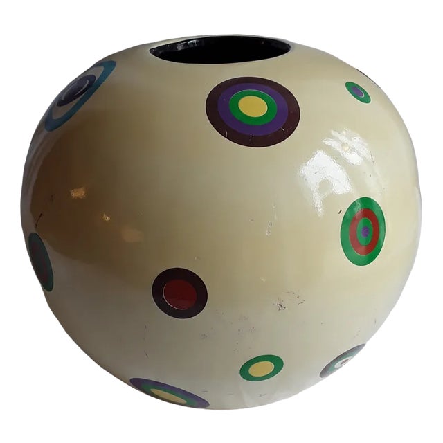 Vintage Round Ceramic Vase with Colored Op Art Decor, 1970s For Sale