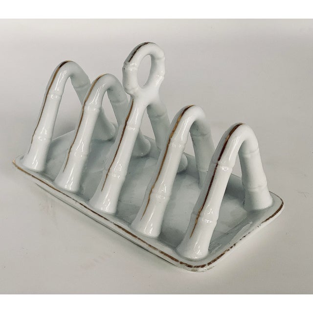 Ceramic Antique Ceramic Faux Bamboo 4 Slot Toast Rack/Letter or Napkin Holder With Gold Accents For Sale - Image 7 of 11