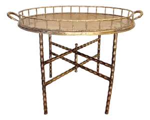Vintage Mid-Century Faux Bamboo Brass Oval Tray Table With Folding Stand, in the Manner of Maison Ba