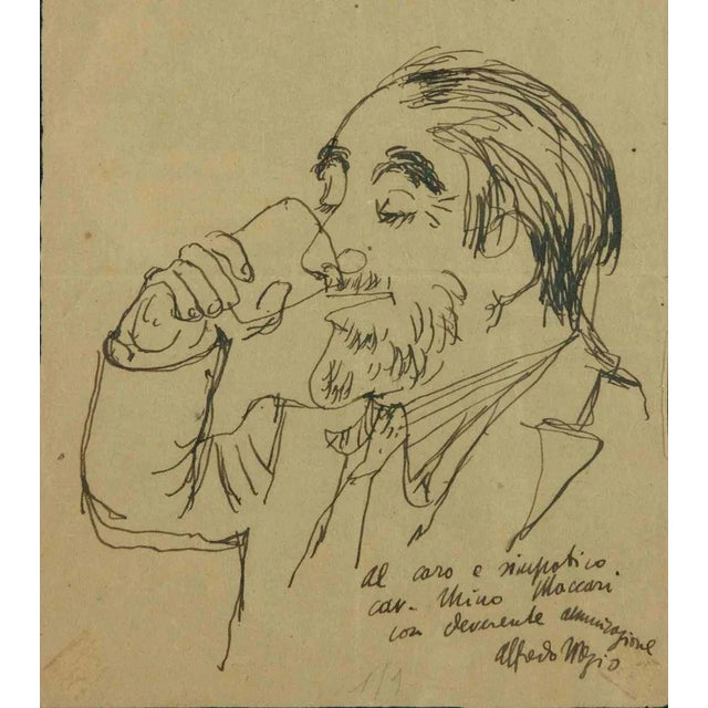 Alfredo Mezio, Portrait of Mino Maccar, Original Drawing, Mid-20th-Century For Sale - Image 4 of 4