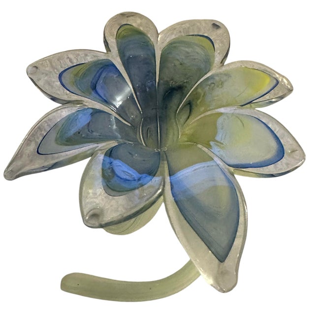 Vintage Venetian Art Glass Tubular Flower Vase. 8 petals with swirls of blue and green.