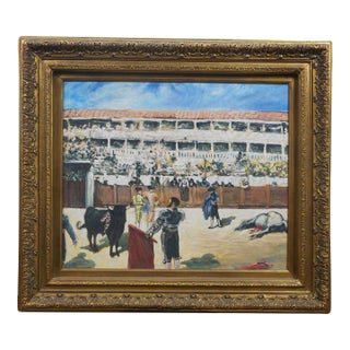 Late 20th Century Bullfight Death of the Bull Oil Painting on Canvas After Édouard Manet 33" For Sale