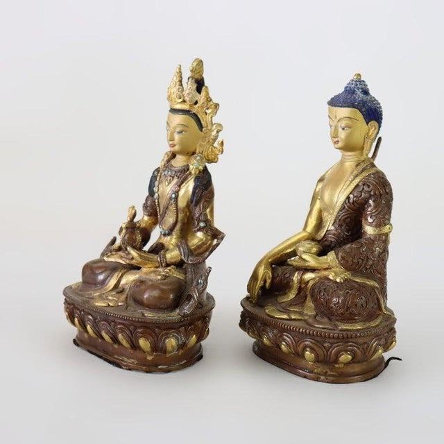 1920s Two Bronze Buddhas: Medicine Buddha & Aparmita Buddha of Infinite Life C1920 For Sale - Image 5 of 9