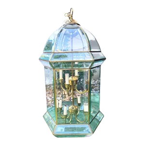 Vintage Glass Brass Traditional 8 Light Dome Lantern Style Foyer Hall Chandelier