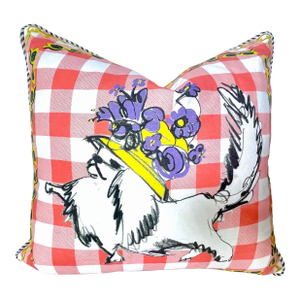 Vintage Dog W/Floral Hat on Checkerboard Pillow