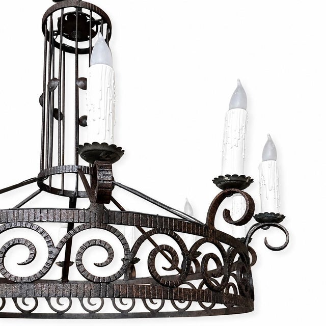 Charcoal Large Art Deco Style Wrought Iron 12-Light Chandelier For Sale - Image 8 of 11