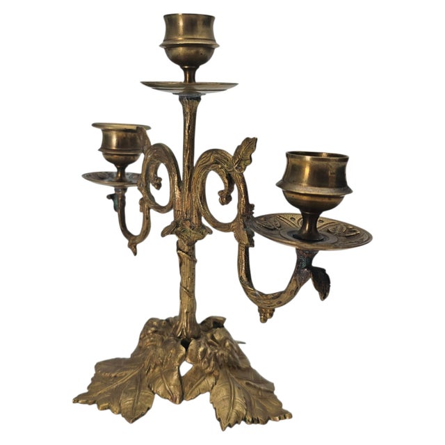 Art Nouveau Gilt Metal Three Light Candelabrum With Leaf and Vine Base 8.5" For Sale In San Francisco - Image 6 of 12