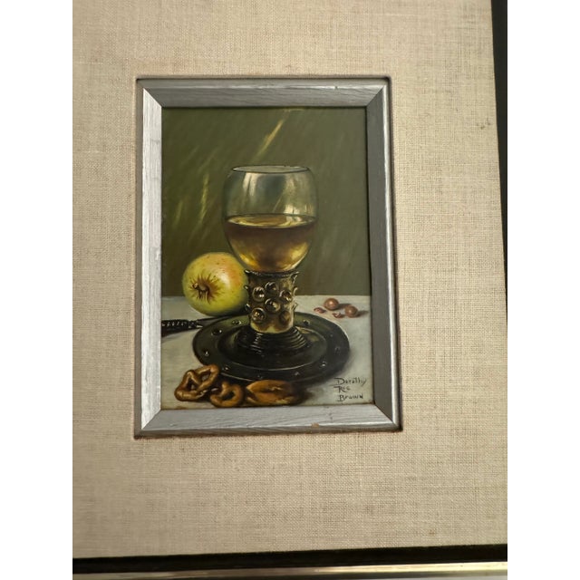 Realism Dorothy Roe Brown Oil Painting on Board – Framed Still Life of Wine Bottle & Apple For Sale - Image 3 of 10