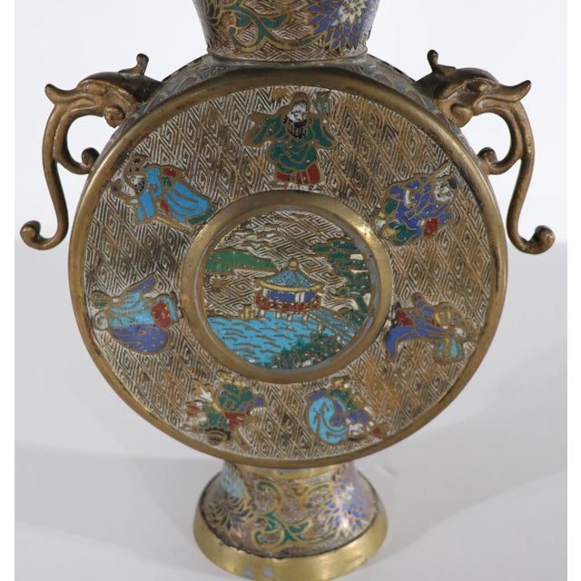 Brass Vintage Chinese Handled Vase With Scenic Enameled Decorative Elements For Sale - Image 8 of 11