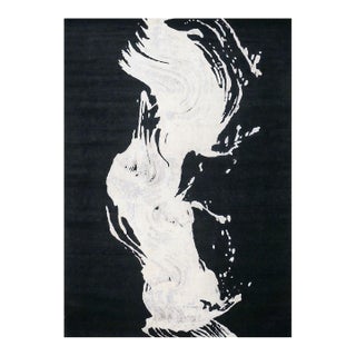 Modern Nepalese Wool & Silk 9X13 Black & White Wave Design Handmade Area Rug #1144031 For Sale