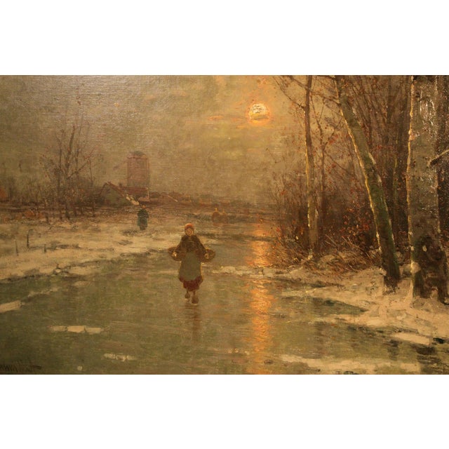 Johann Jungblut, Winter Moonlit Landscape with Figures, 19th Century, Oil on Canvas, Framed For Sale - Image 3 of 7