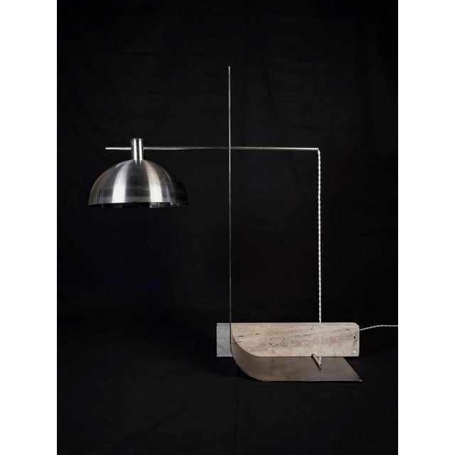 Equo 2.1 floor lamp in iron, travertine & stainless steel by d´ark atelier limited edition of 10 pieces dimensions: d 35 x...