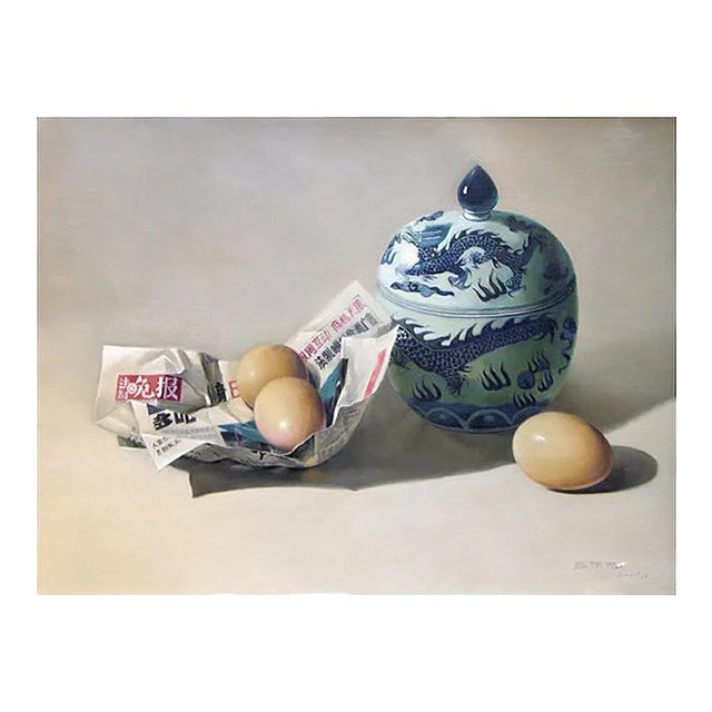 Fresh News/Eggs and Ceramics - Original Oil on Canvas by Zhang Wei Guang - 2007 2007 For Sale