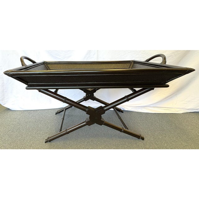 Chocolate Vintage Chinese Chippendale Rattan and Bamboo Butler Tray Table For Sale - Image 8 of 16
