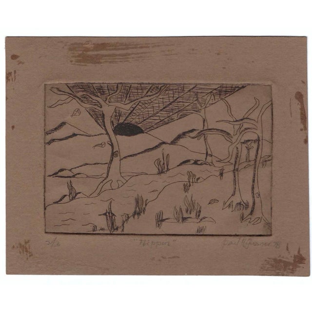 1978 etching on brown paper titled "Nippon" (Japan), numbered 2 of 3 and signed illegibly though the first name is "Paul."...