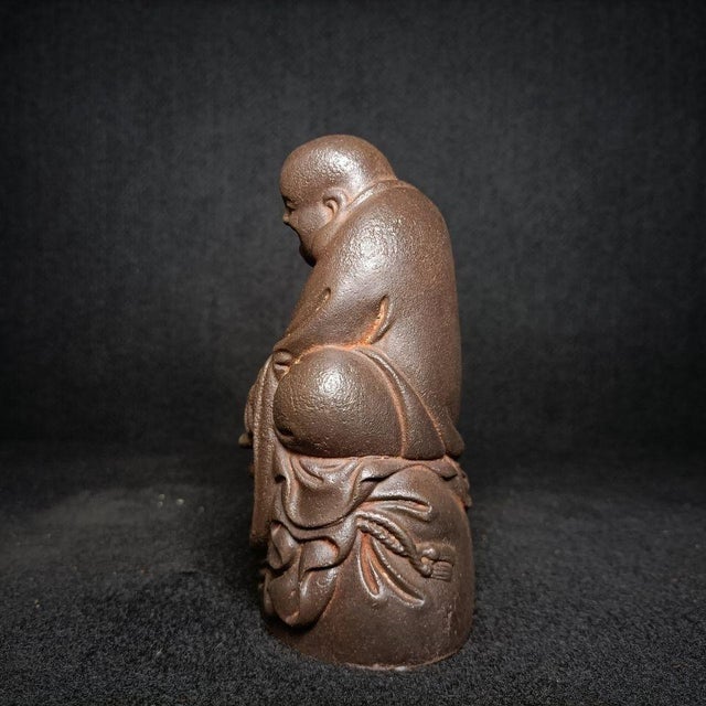 Metal Cast Iron Laughing Maitreya Buddha Seated Statue, Happy Buddha Sculpture, Chinese Decorative Figurine For Sale - Image 7 of 7