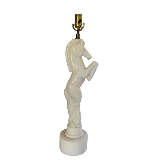 Vintage Mid-Century Modern Italian Alabaster Horse Table Lamp Base Hand Carved Rearing Knight Model 477 Original Sticker For Sale In Palm Springs - Image 6 of 7