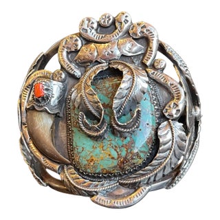 1940s Royston Turquoise, Coral and Bear Claw Sterling Silver Bracelet, Signed For Sale
