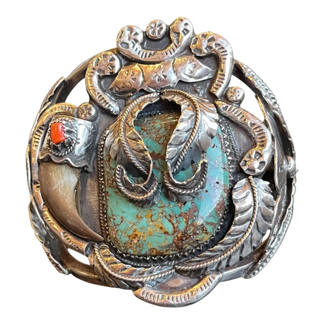 1940s Royston Turquoise, Coral and Bear Claw Sterling Silver Bracelet, Signed For Sale