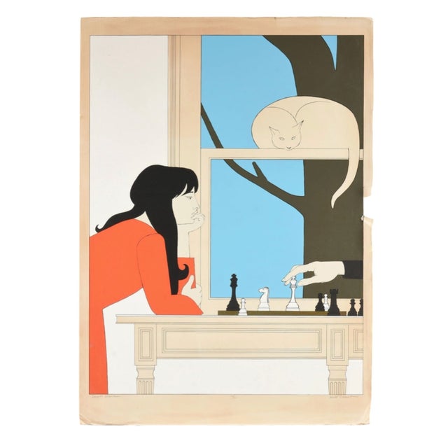 33 1/4”W x 45 1/4”H x 2”D "Seventh Season," a 1975 serigraph by Will Barnet, depicts a stylized scene of a woman, likely...