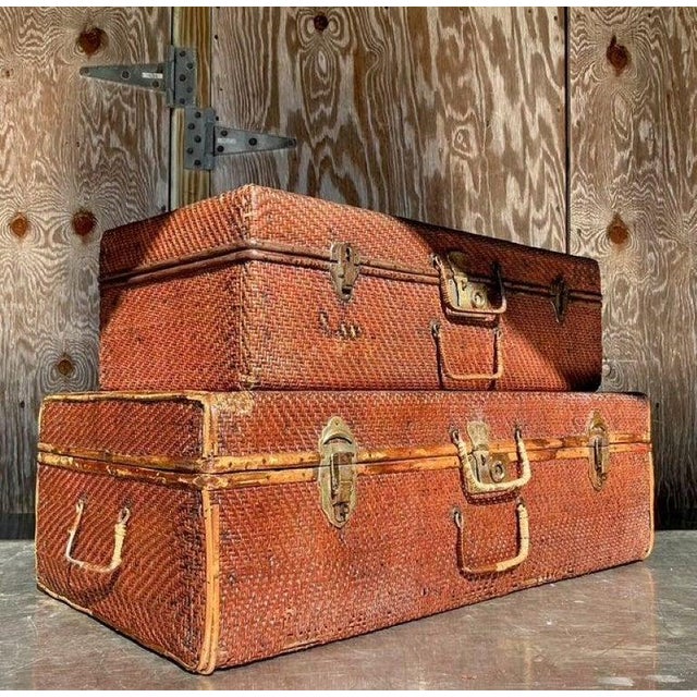 Vintage Pair of Bamboo and Woven Rattan Travel Trunks For Sale - Image 4 of 7