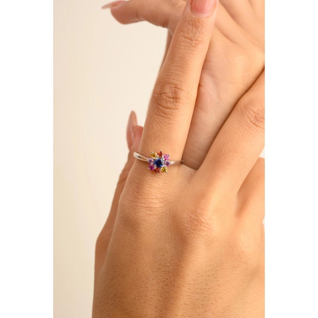 This is part of Chairish’s Fine Jewelry assortment. Everyday Multicolor Rainbow Gemstone Flower Ring in 14K Gold featuring...