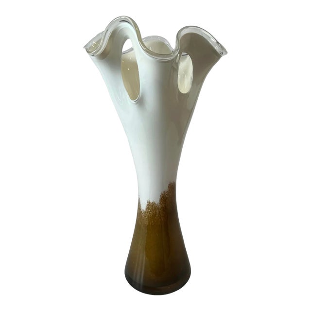 Art Glass Brown White Looped Rim Vase For Sale