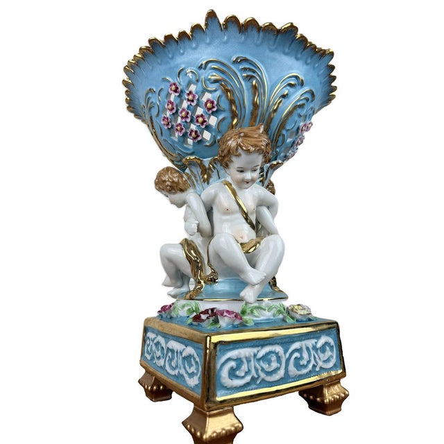 Large Antique Dresden Compote with Cherubs & Scalloped Floral Bowl by Karl Richard Klemm, 1890s-1910s, in Flawless...