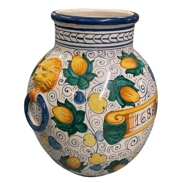 White Vintage Italian Majolica Style Lion-Head Lemon Motif Ceramic Urn Vase For Sale - Image 8 of 12
