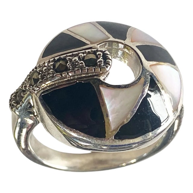 Vintage Sterling Silver Art Deco Style Marcasite /Enamel Ring Size 6 For Sale