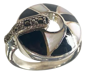 Vintage Sterling Silver Art Deco Style Marcasite /Enamel Ring Size 6