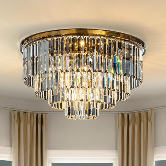 Aloadecor 8-Lights Modern Antique Gold 4-Tier Round Fringe Crystal Flush Mount Ceiling Light For Sale - Image 4 of 8