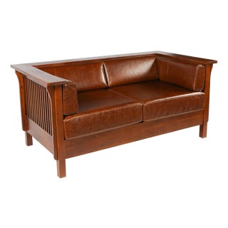 Mission / Craftsman Cubic Slat Side Love Seat - Chestnut Brown Leather For Sale