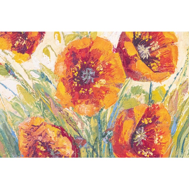 Vibrant colors fill this impressionist oil on canvas featuring red-orange poppies swaying in the summer breeze. Signed by...