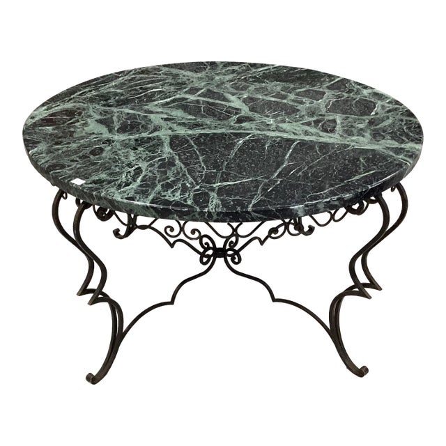 Wide 1950’s French Wrought Iron & Marble Round Coffee Table For Sale