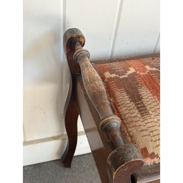 1930s-40s velvet-top wood stool w/ hinge-top storage compartment and side handles. Some surface wear/age to wood...