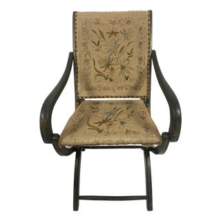 Napoleon III Ebonized Folding Armchair — Original Crewelwork, c.1875 For Sale