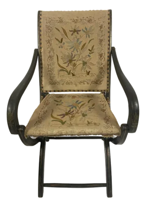 Napoleon III Ebonized Folding Armchair — Original Crewelwork, c.1875