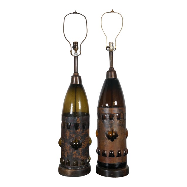 Late 20th Century 2 Rare Frederick Cooper Hand Blown Brutalist Glass Wine Bottle Lamps 42" For Sale