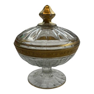 Mid 20th Century Mid Century Modern Heisey Gold-Rimmed Lidded Pedestal Candy Dish For Sale