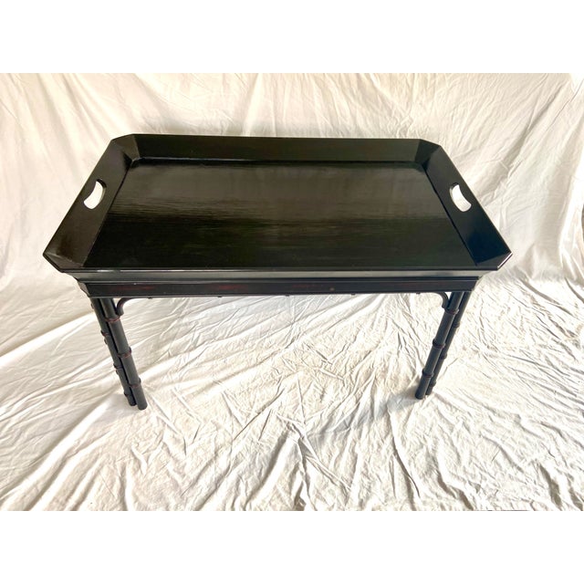 Black Vintage Baker Furniture Faux Bamboo With Fretwork Asian Chinoiserie Tray Table For Sale - Image 8 of 11